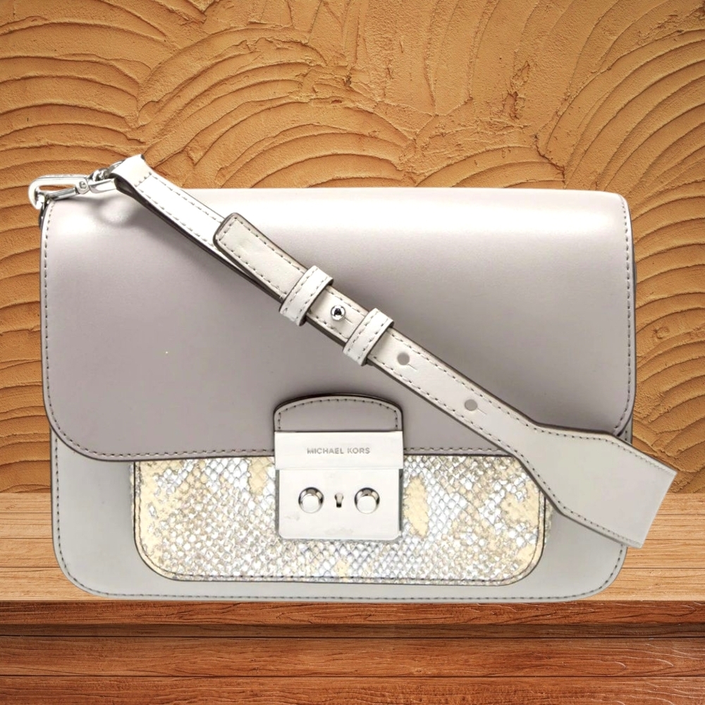 Michael Kors Sloan Gray and Cream Shoulder Bag With Snake Print